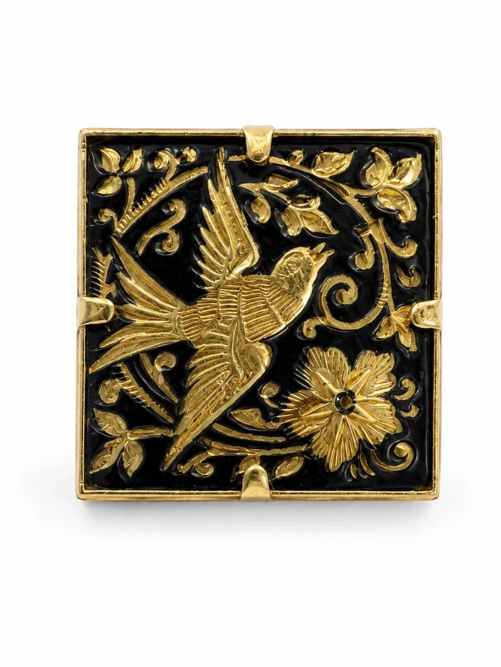 Vintage Spanish Damascene Square Bird Floral Brooch Lapel Pin Gold black